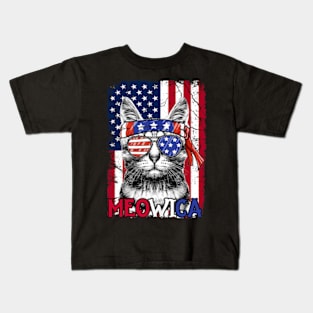 Men Women Funny Cat Lover 4th Of July Meowica American Flag Kids T-Shirt